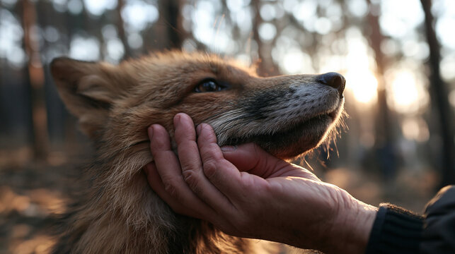 Human Hand Stroking Gentle Red Fox in Forest