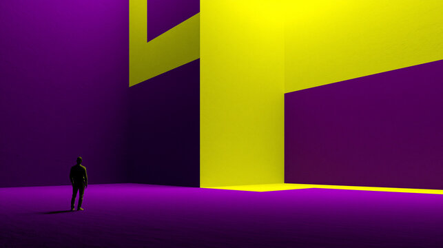 Person Standing in Abstract Geometric Purple and Yellow Minimalist Space