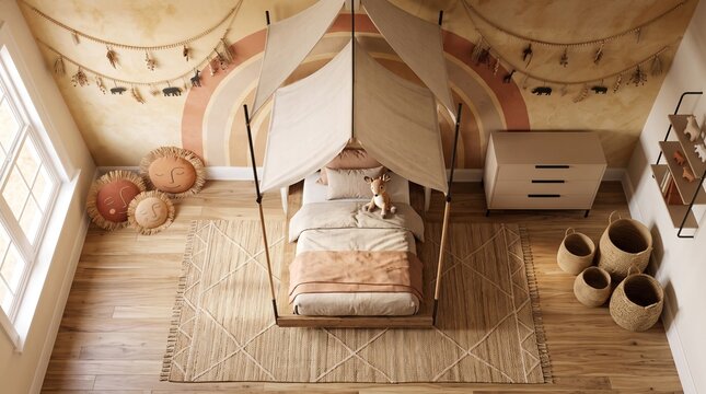 Modern Boho Kids Bedroom Interior with Canopy Bed