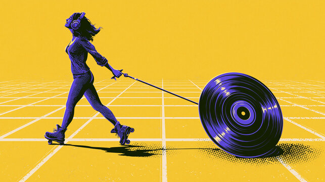 Woman Roller Skating and Pulling Giant Vinyl Record Illustration