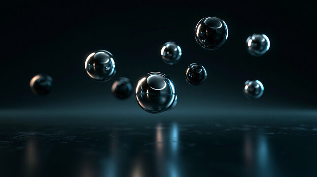Glossy Metallic Spheres Levitating on Dark Abstract Background