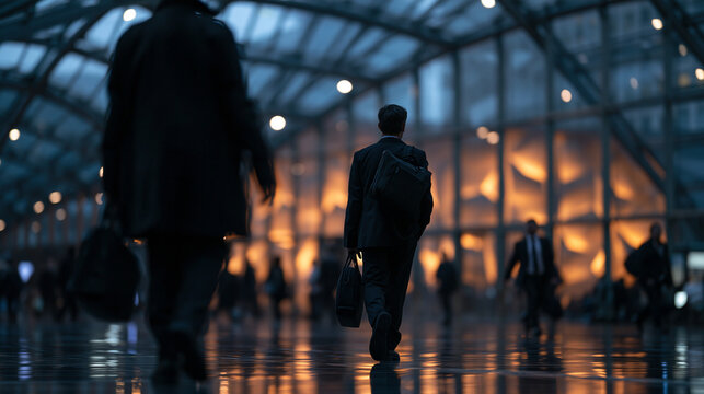 Businessman Walking Through Modern Transit Station During Evening Commute