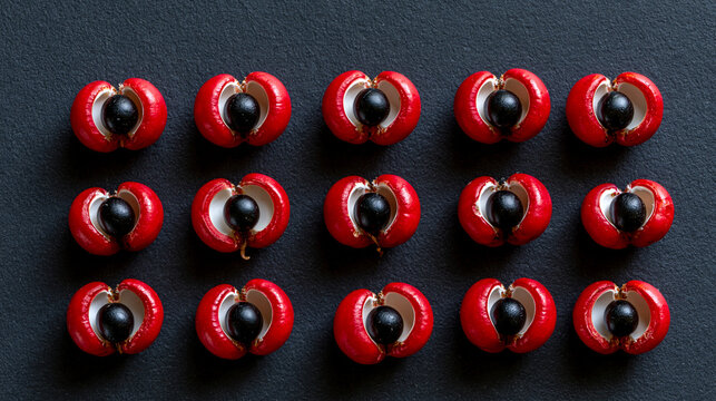 Fresh Amazonian Guarana Fruits Grid Pattern on Dark Background