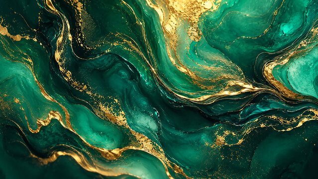 Luxury Deep Green Marble with Gold Liquid Art