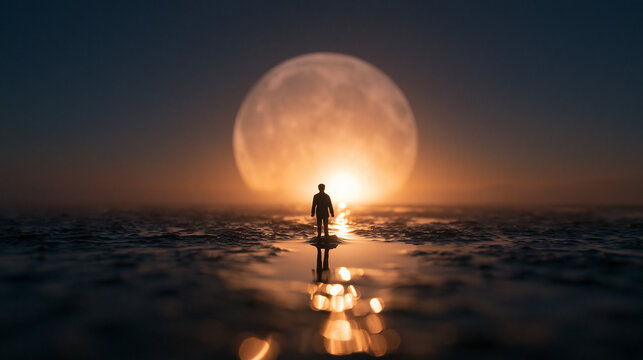 Silhouette Standing Before Giant Glowing Moon at Horizon