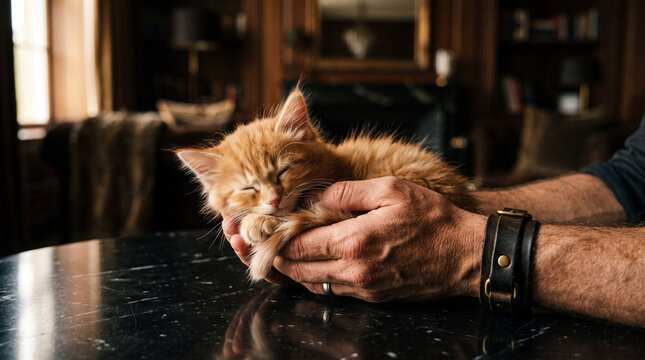 Ginger Kitten Sleeping Comfortably in Man's Cupped Hands