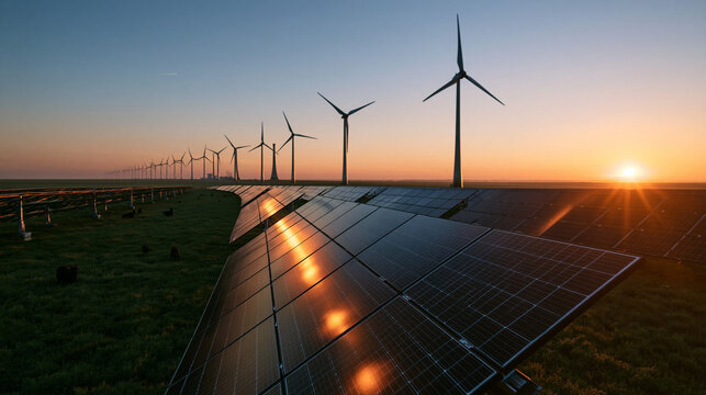 Solar Panels and Wind Turbines at Sunset for Renewable Energy