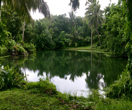 PNG features a serene pond surrounded by vibrant vegetation.