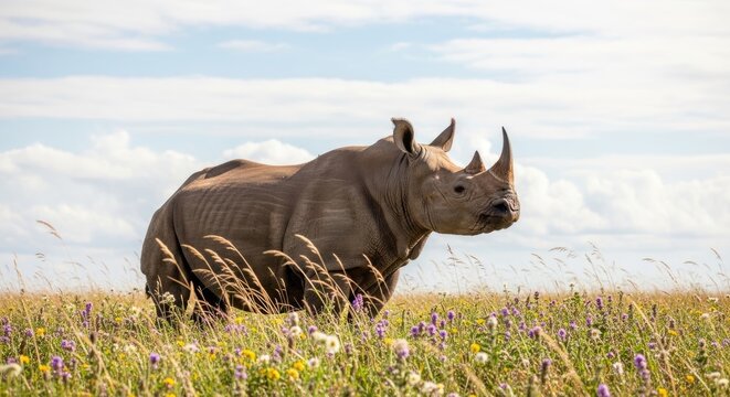 Rhinoceros standing in a field of wildflowers
