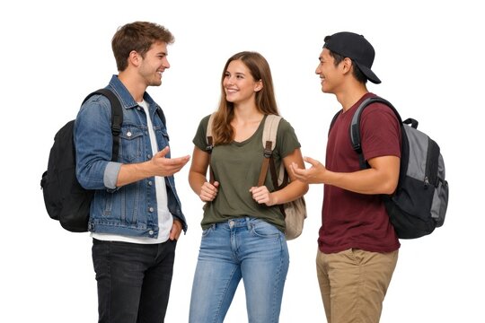 Group of friends talking with backpacks on white background.