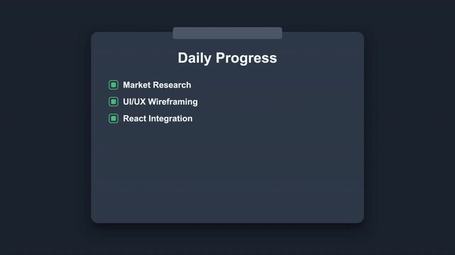 Dark UI showing checklist with completed tasks like Market Research and Final Deployment, concept for project management, task tracking and business workflow