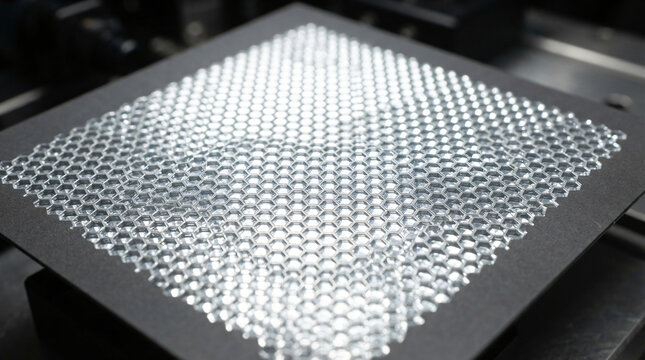 High tech abstract microprism retroreflective vinyl sheet texture close up with repeating geometric honeycomb prism grid reflection industrial safety b2b background copy space