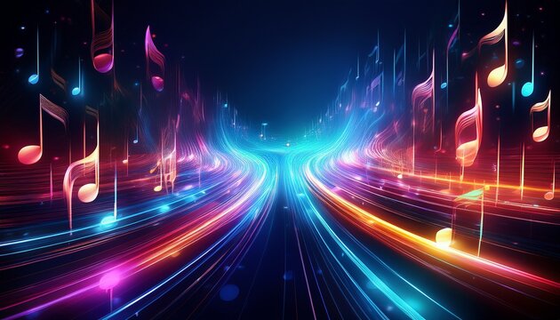 abstract digital music background with glowing neon musical notes and light trails