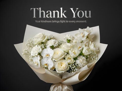Elegant bouquet of white flowers with a thank you message on a dark background for greeting cards