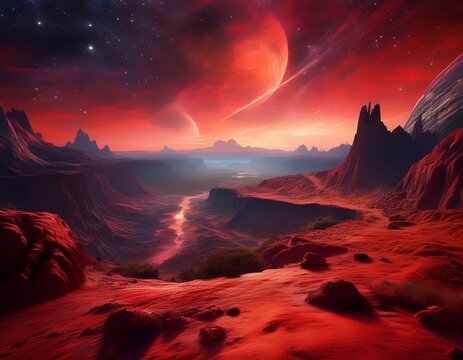 dramatic red alien planet landscape with canyon and cosmic sky