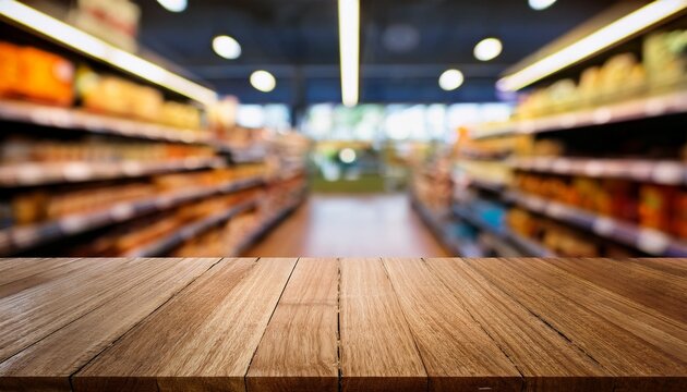 empty wooden table with blurred store shelves background commercial use
