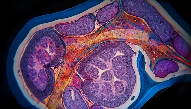 examining bone tissue under a microscopic lens reveals the effects of osteoporosis emphasizing the reduction in density and the increase in porosity