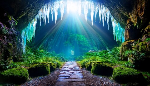 enchanted crystal cave with mossy pathway
