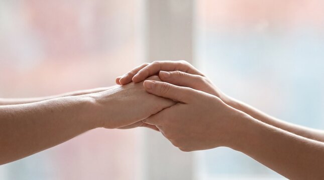 Emotional connection, two hands gently touching create a serene atmosphere of support and connection