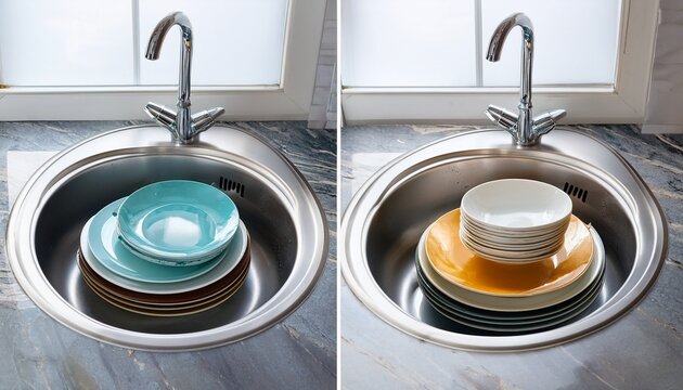 kitchen sink before and after cleaning comparison of messy dishware in basin and sparkling tidy marble countertop housework hygiene and home maintenance service concept