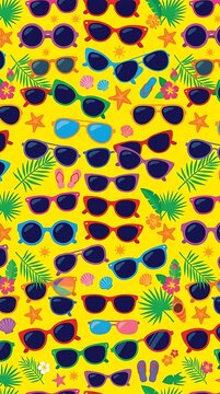 Colorful summer sunglasses pattern with tropical beach elements