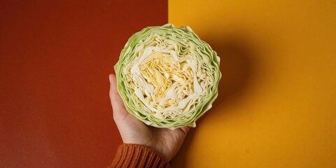Obraz premium Half of fresh green cabbage held in hand against split red and yellow background representing healthy eating and vegetable nutrition