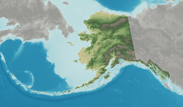 Alaska topographic shaded relief map with Aleutian islands, ocean bathymetry, and regional terrain