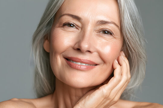Aesthetic, senior, allure., Figure, frame, portrait, beaming, countenance, sedate, lady, wrinkle, minimization, skincare, user., Cheerful, grown, content, patron, at, dental, practice, gaze, lens, ple