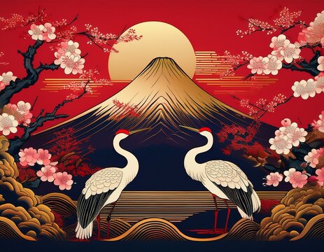 traditional japanese art style with cranes sakura blossoms mount fuji gold and red hues ukiyo e inspired harmonious background