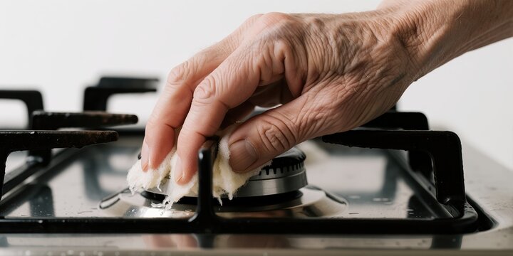 Elderly woman cleaning kitchen gas stove with rag closeup, senior person doing domestic chores and routine maintenance at home