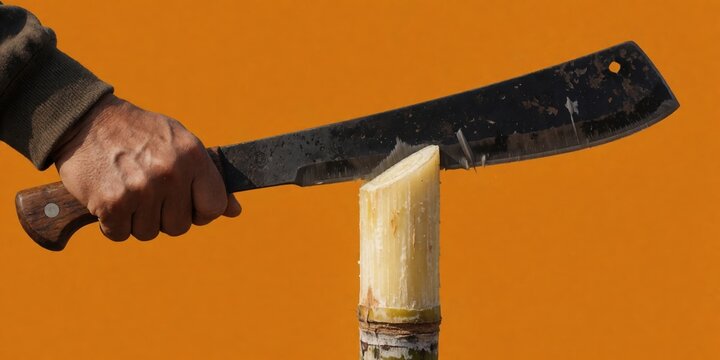 Man cutting sugarcane stalk with large machete blade in agriculture harvest concept closeup