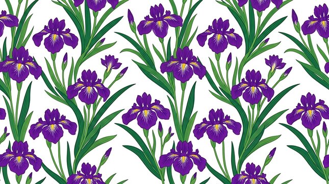 Seamless pattern with purple iris flowers and green leaves