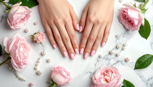 Top view of manicured hands with pastel pink nails on marble surface with roses and pearls, elegant beauty flat lay