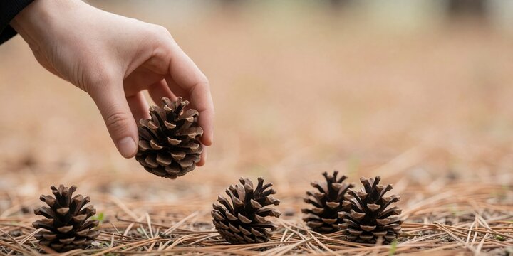 A hand picking up a pine cone from the forest ground, symbolizing autumn, nature exploration, and outdoor activities in the woods.