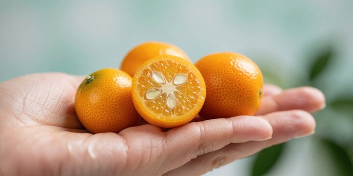 Fresh ripe kumquat fruits held in a human hand representing healthy citrus food nutrition and natural organic harvest