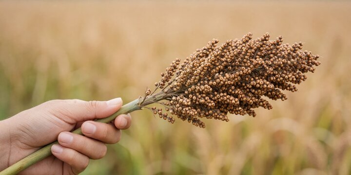 A person holding a mature sorghum grain panicle in a field, representing autumn harvest, agriculture, and natural organic food production