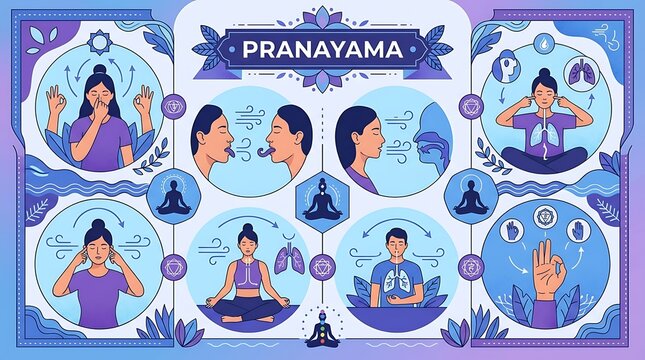 Pranayama breathing techniques and yoga mudras infographic