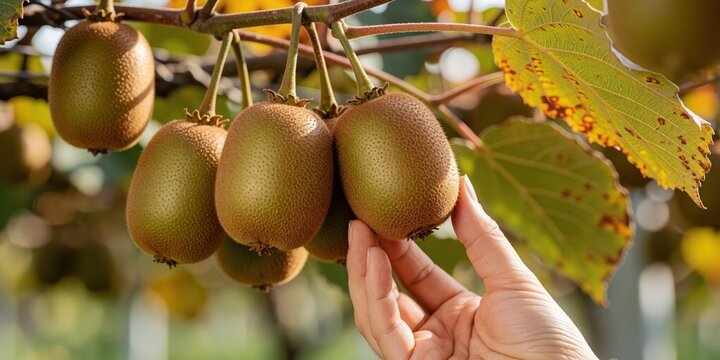 Person picking ripe kiwi fruits from the vine in a sunlit orchard, representing fresh organic harvest and sustainable farming concepts