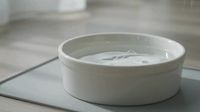 Tabby Cat Drinking Water from Ceramic Bowl Close Up
