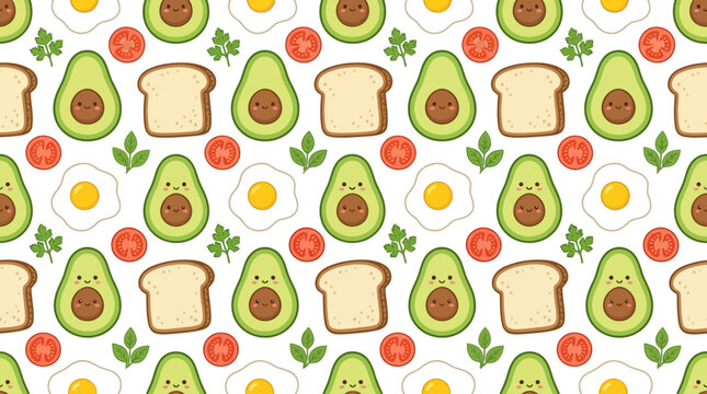 Cute Breakfast Pattern with Avocado, Egg, Toast