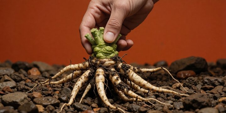 A hand pulling a mandrake root with white taproots and green shoots from rocky soil