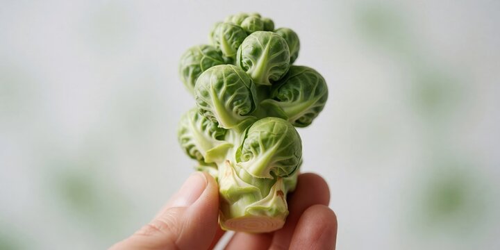 Fresh brussels sprout stalk held in hand representing organic farming and healthy vegetarian eating habits