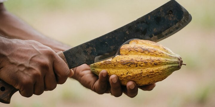Farmer opening a ripe cocoa pod with a machete to harvest raw beans for chocolate production in a tropical farm