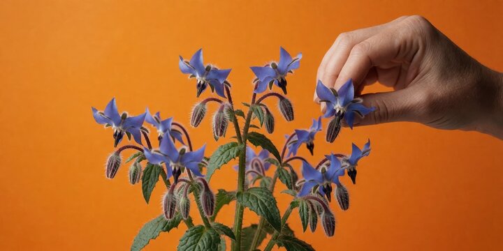 A person gently picking a blue borage flower against a vibrant orange background, representing gardening, botany, and culinary herbs.
