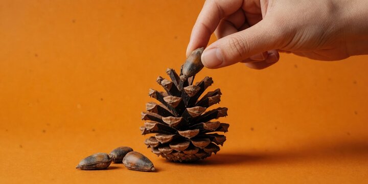 Human hand taking pine nut from cone with seeds on orange background conceptual studio shot