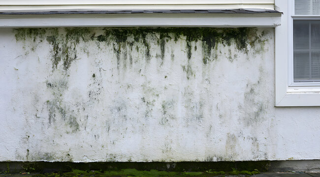 Algae and mold have formed on the residential building's white stucco wall