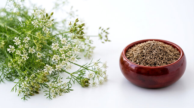 Indian aromatic spice cumin seeds in bowl, in India known as jeera, cumin plant branch with green cumin and flower at side, white background, copy space