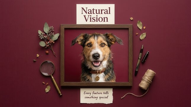 Adorable mixed breed dog portrait framed on a burgundy background surrounded by artistic vintage items like a magnifying glass and pen, ideal for pet storytelling and creative photography project