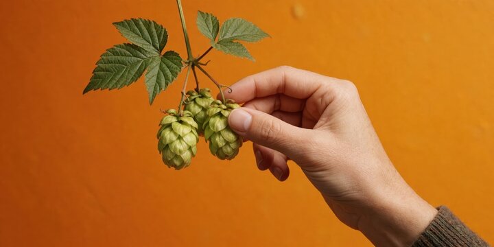 Hand picking fresh green hops cones from the bine for craft beer brewing and agriculture
