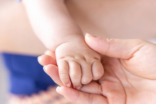 A close-up shot of a tiny newborn baby hand gently held by an adult's palm, showing tender care and emotional bond.